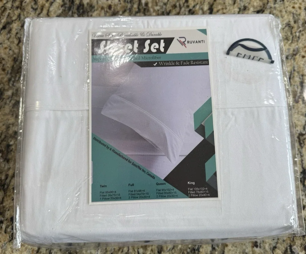 Ruvanti 4 Pc 100% Cotton Sheet Set Full Size White Deep Pocket Bed Sheets NEW